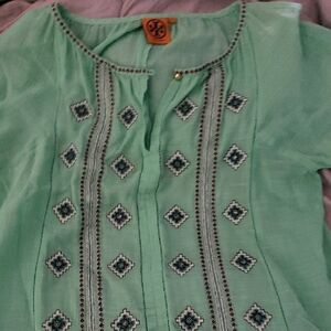 Tory Burch Green Embellished 3/4 Sleeve Blouse
